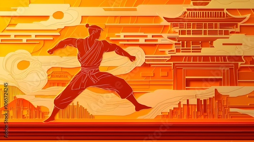 Martial Performing Dynamic Kicks in a Layered Paper Cut Style Dojo Landscape with Traditional Japanese Elements and Action Lines