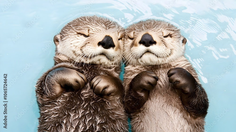 Obraz premium Pair of Adorable and Playful Sea Otters Floating on Their Backs in a Peaceful Aquatic Environment Representing the Beauty and Tranquility of Nature