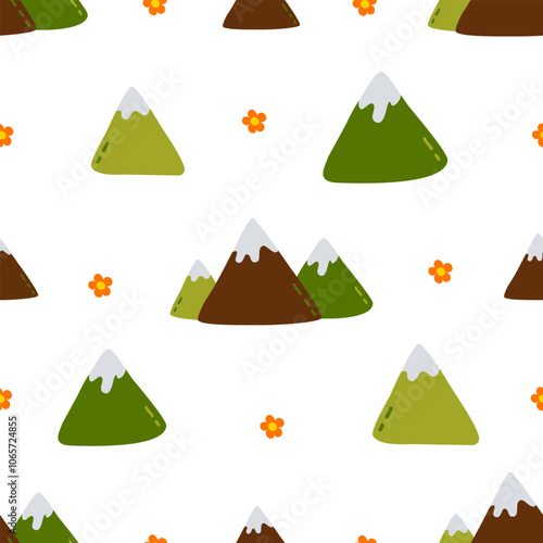 Seamless pattern of colorful cartoon mountains and orange flowers on white background.