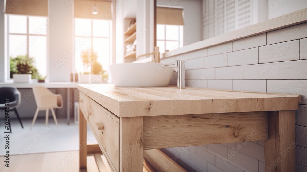 Fototapeta premium Modern Wooden Table in Bright Kitchen Setting