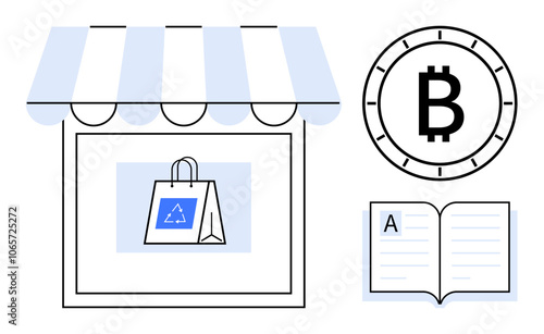 Market storefront with eco-friendly shopping bag, Bitcoin symbol coin, and open book. Ideal for eco-commerce, cryptocurrency, online shopping, education, sustainability, financial literacy