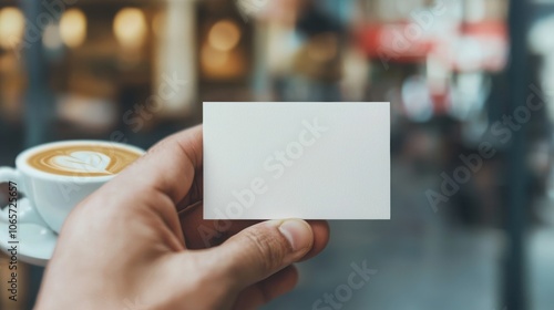 A hand holds a blank business card next to a cup of coffee, set in a stylish café atmosphere with a blurred background. photo