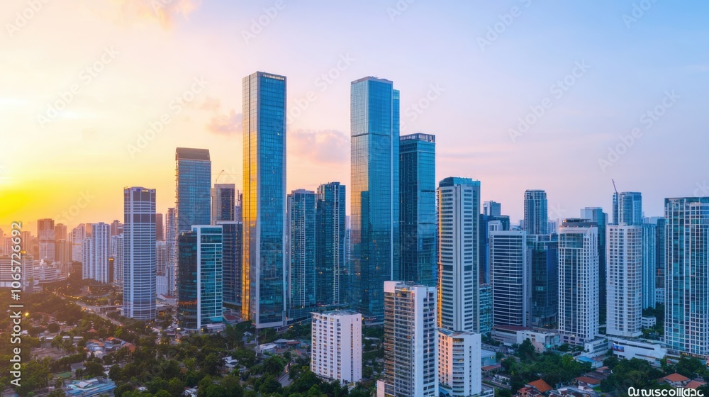 Fototapeta premium A vibrant city skyline at sunset, showcasing modern skyscrapers and a blend of urban architecture against a colorful sky.