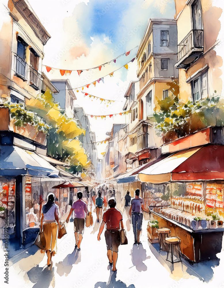 Fototapeta premium Vibrant watercolor illustration of European street market with shoppers strolling past cafes and shops under colorful awnings, balconies adorned with flowers