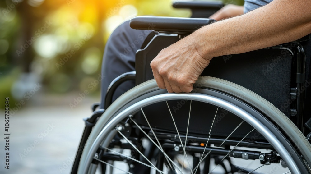 Obraz premium 日光が当たる屋外で車椅子の車輪に手を置いたクローズアップ