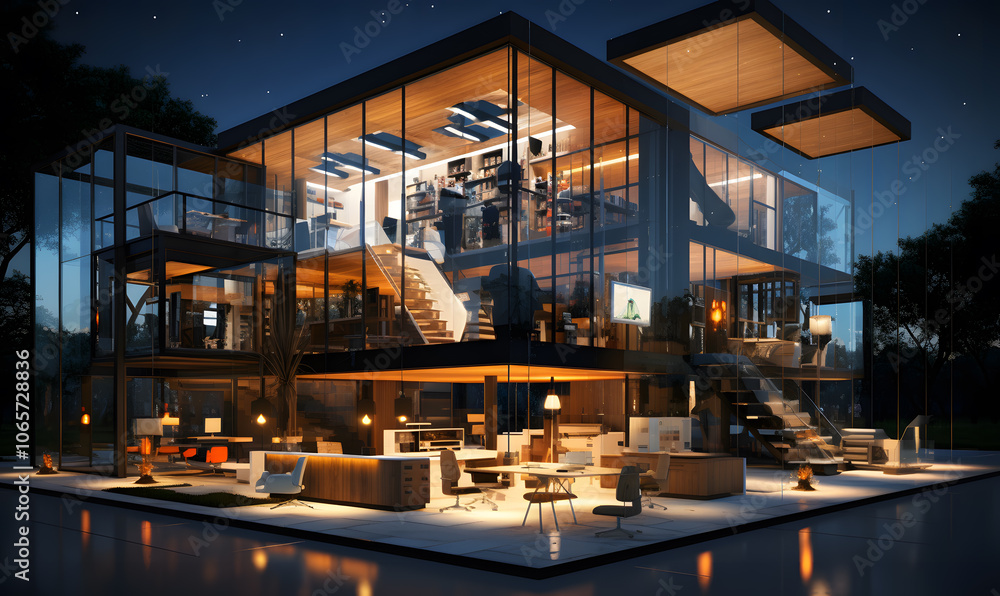 Fototapeta premium This Stunning Modern Home, Made of Glass and Wood, Glows Invitingly at Night