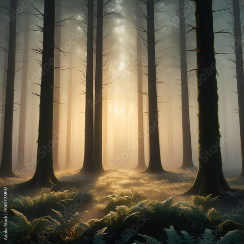 A serene misty forest at dawn, with warm, golden beams of sunlight filtering through the tall, slender trees, their branches stretching towards the sky like nature's cathedral photo