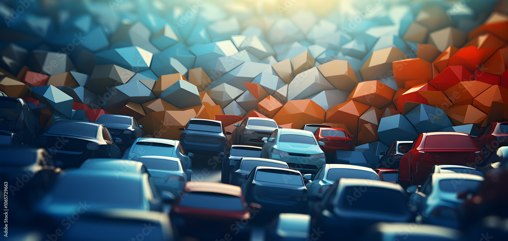 Obraz premium A Vibrant Jumble of Cars in a Colorful Abstract Urban Landscape During Sunset