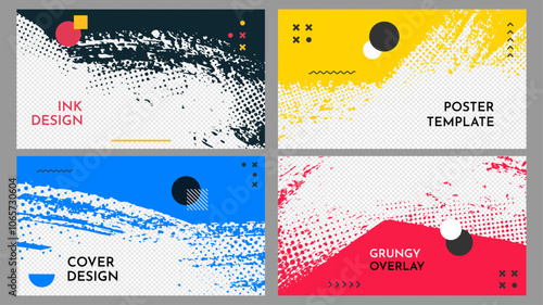 Vector illustration. Abstract color horizontal clipping mask set. Ink brush strokes design for web template, social media, cover overlay, website banner. Paint splatter with Memphis pattern design
