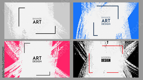 Vector illustration. Abstract color horizontal clipping mask set. Ink brush strokes design for web template, social media, cover overlay, website banner. Paint splatter with halftone dotted texture