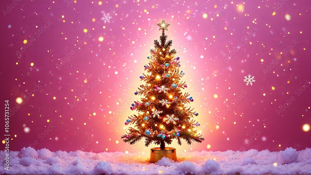 Obraz premium Festive christmas tree with colorful lights and snowflakes on pink background