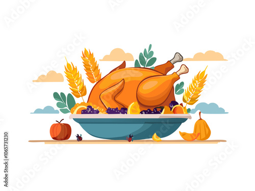 Thanksgiving Turkey holiday feast in dish with fixings no background