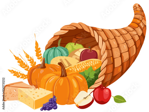 Thanksgiving Cornucopia horn of plenty, goat's horn, overflowing with food, corn, pumpkins, fruit, vegetables, Thanksgiving ornament during harvest autumn fall