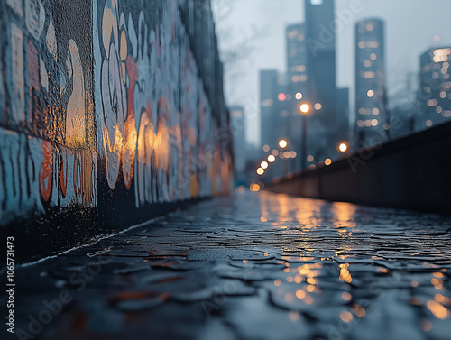 Quiet city alleyway with colorful graffiti