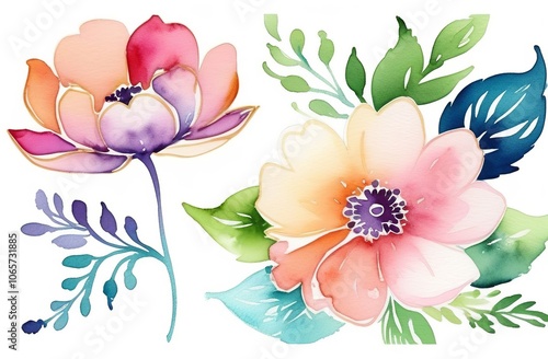 Watercolor flowers for postcard template, decorative wreath of leaves. Watercolour composition for wedding invitation.
