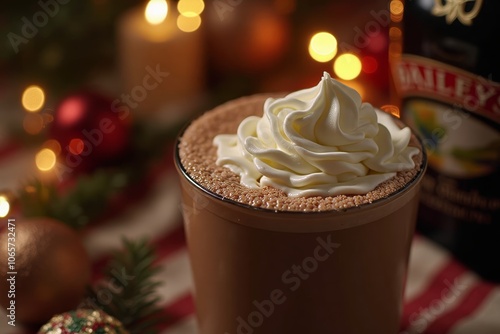 Decadent dessert drink topped with whipped cream and chocolate sprinkle in festive setting photo