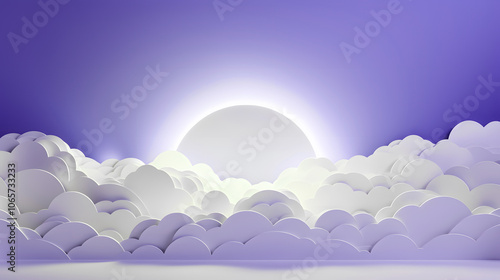 A Gentle Sunrise Emerges Through Fluffy Clouds in a Serene Purple Sky at Dawn in a Tranquil Scene