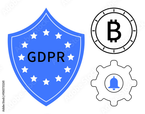 Shield labeled GDPR surrounded by stars, Bitcoin symbol in coin outline, and bell inside gearwheel. Ideal for data protection, cryptocurrency, security, privacy, regulation awareness, compliance