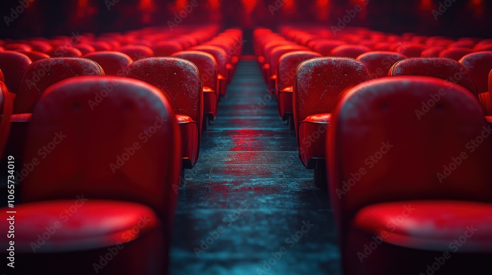 Obraz premium Rows of red theater seats with a dark, empty stage in the background.
