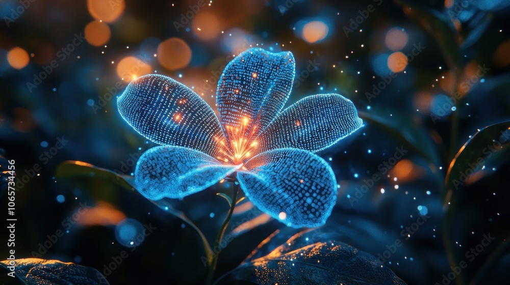 Obraz premium A blue glowing flower made of binary code in a virtual garden, with soft light adding a magical touch to the surreal atmosphere.