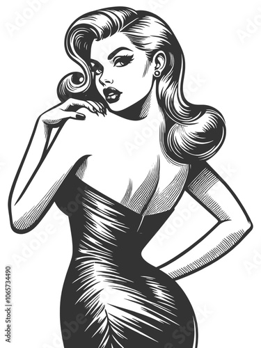 pin-up woman wearing a form-fitting tight dress, vintage fashion beauty sketch engraving generative ai fictional character vector illustration. Scratch board imitation. Black and white image.