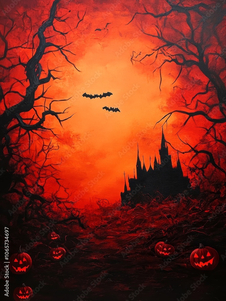 A haunting Halloween scene with a dark castle silhouetted against a blood-red sky, surrounded by gnarled trees and glowing jack-o-lanterns. A haunting Halloween scene with a dark castle silhouetted against a blood-red sky, surrounded by gnarled trees and glowing jack-o-lanterns.