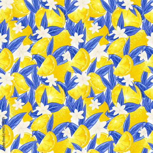 Trendy seamless pattern with yellow lemons and blue leaves. Citrus fruit repeated background. Vector bright print for fabric, wallpaper, wrapping. Retro 60s, 70s vector hand drawn illustration