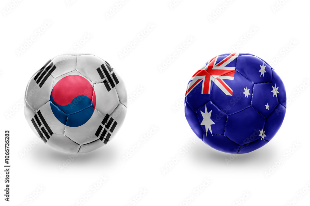 Obraz premium football balls with national flags of australia and south korea ,soccer teams. on the white background.