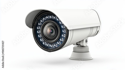 A white CCTV security camera features a large, powerful LED array around the lens, designed to provide reliable monitoring and enhanced visibility for protection purposes. photo