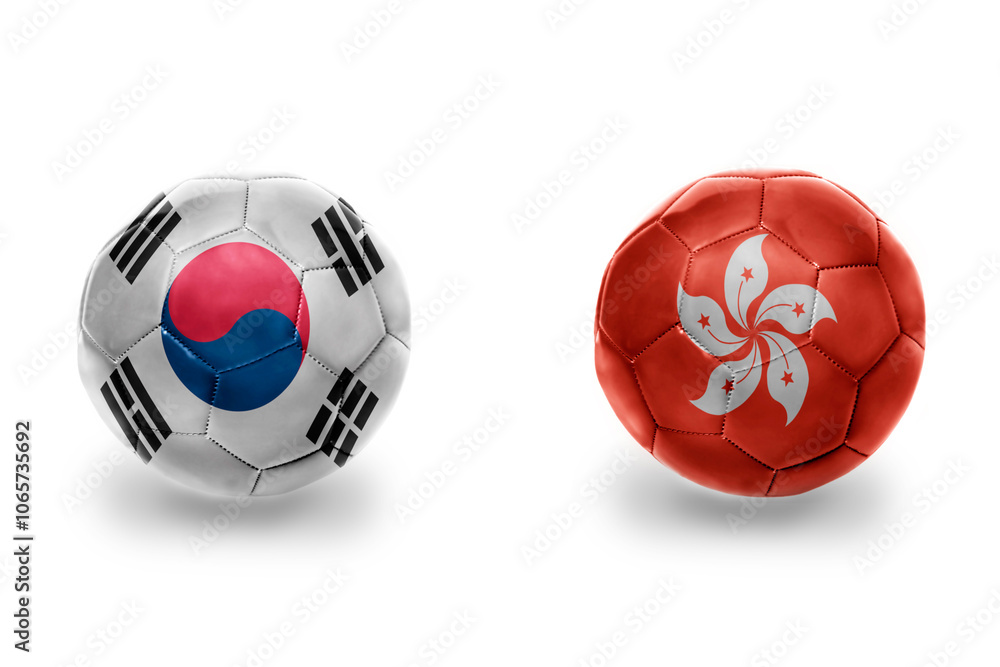 Obraz premium football balls with national flags of hong kong and south korea ,soccer teams. on the white background.