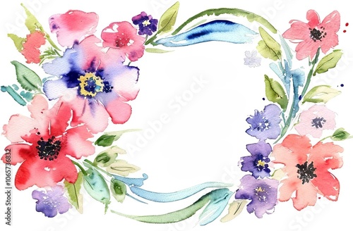 Watercolor flowers for postcard template, decorative wreath of leaves. Watercolour composition for wedding invitation. Space for text in the middle.