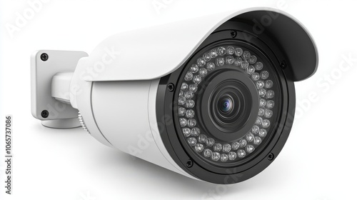 A wide-angled white CCTV camera boasting a prominent dark interior lens for enhanced wide-ranging security coverage and monitoring in various environments.