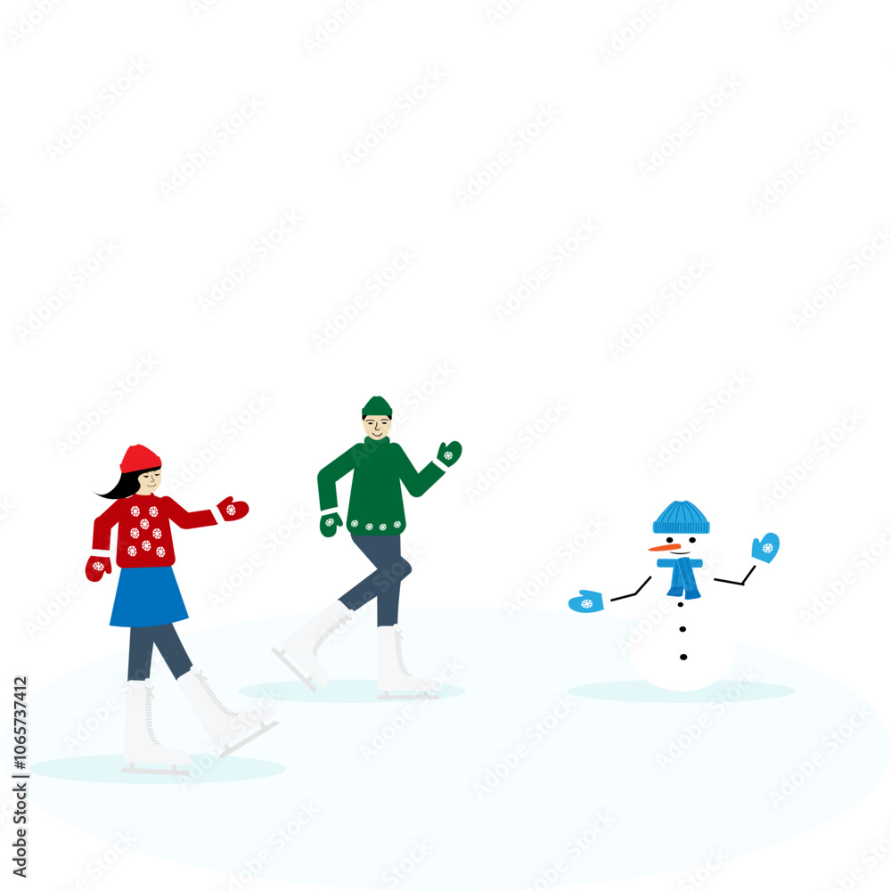 Fototapeta premium Children skate on an ice rink with a snowman