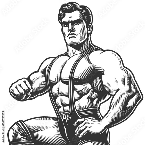 muscular vintage wrestler strongman posing confidently, evoking classic strength and power sketch engraving generative ai vector illustration. Scratch board imitation. Black and white image.