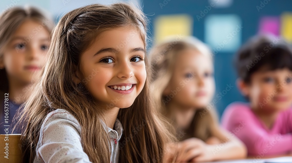 Obraz premium A cheerful young girl smiles in a classroom setting, surrounded by peers, embodying a positive learning environment.
