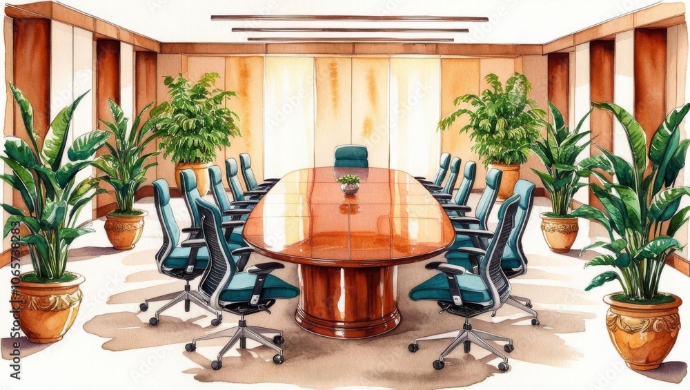Fototapeta premium Modern Eco-Friendly Conference Room with Wooden Table