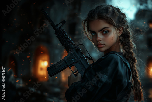 Wallpaper Mural .A beautiful young female soldier with a rifle stands on destroyed building background. Torontodigital.ca
