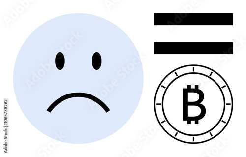 Blue sad face next to a double-striped equals sign and a Bitcoin icon, illustrating financial loss or downturn. Ideal for finance, cryptocurrency, investment, emotions, economic health, digital