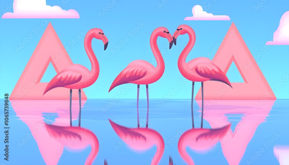 Obraz premium Flock of flamingos standing in shallow water, bright pink against a blue sky