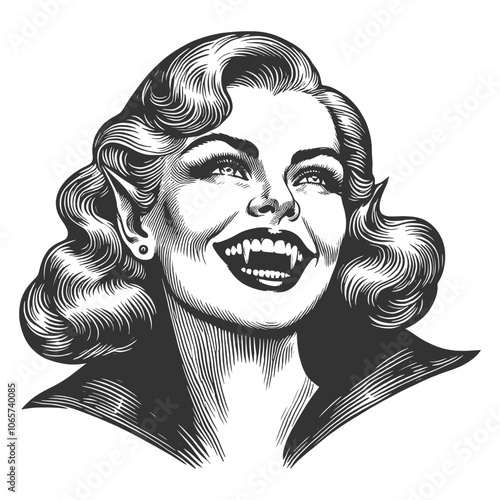 smiling female vampire with fangs and glamorous hairstyle, blending horror and retro elegance sketch engraving generative ai vector illustration. Scratch board imitation. Black and white image.