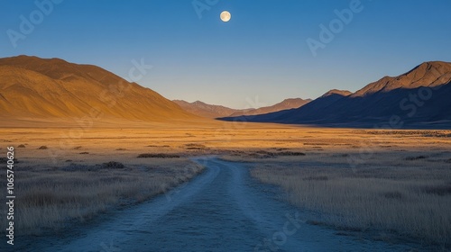 A dirt road winds through a vast, golden valley at sunset, with a full moon hanging high in the sky. photo