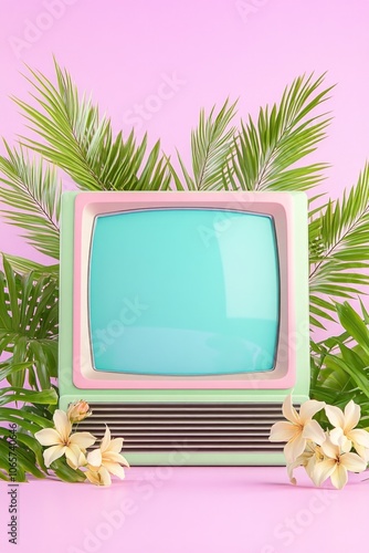 Retro-style 3D television in mint green and pink surrounded by tropical plants against a vibrant pink background photo