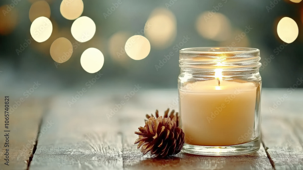 cozy candle illuminates rustic wooden table, accompanied by pine cone, creating warm holiday atmosphere. soft bokeh lights in background enhance festive mood cozy candle illuminates rustic wooden table, accompanied by pine cone, creating warm holiday atmosphere. soft bokeh lights in background enhance festive mood
