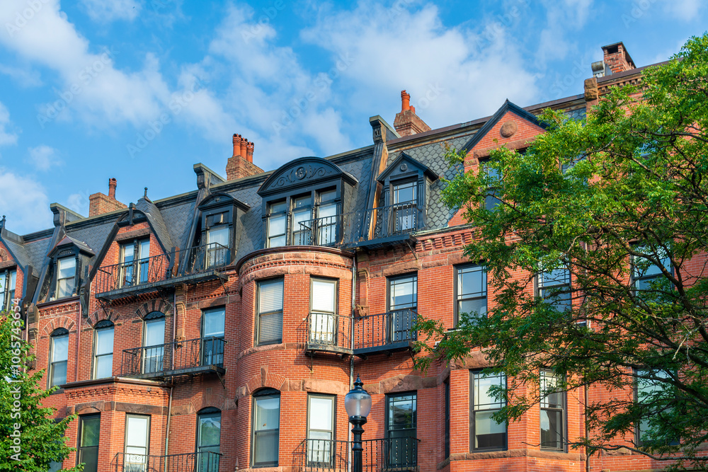 Obraz premium Historic Brick Building facade with Mansard roof and Elegant Dormers in Boston, Massachusetts, USA