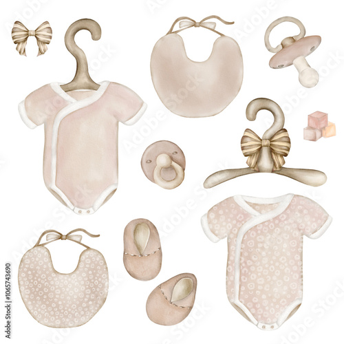 Cute baby clothing and accessories displayed on hooks in a soft pastel setting