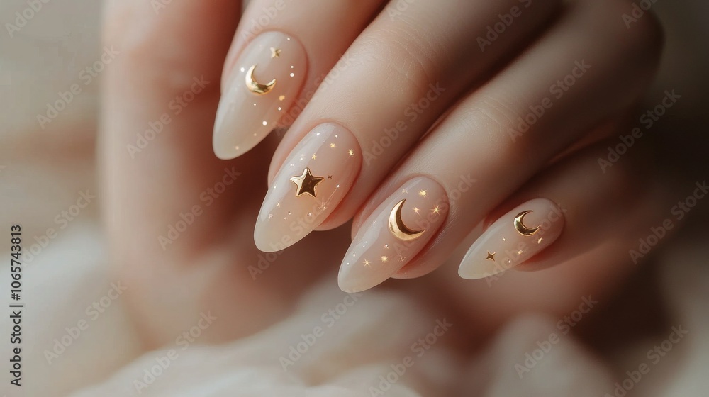 Celestial-inspired nail art close-up on woman's hand featuring stars and moons for beauty and fashion design