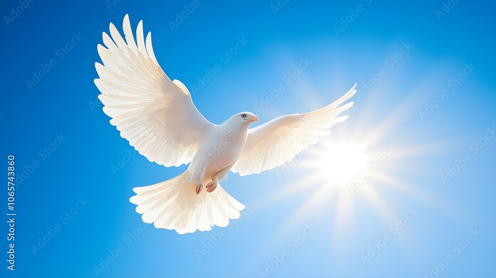 Fototapeta premium Eagle soaring high in the sky, wings outstretched against a bright blue sky