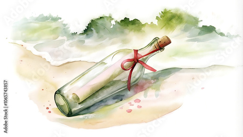Love letter in a bottle washed ashore, watercolor illustration