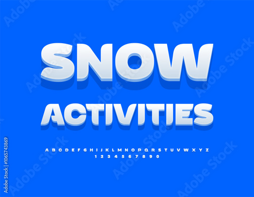 Vector artistic logo Snow Activities. Stylish White Font. Modern 3D Alphabet Letters and Numbers set.