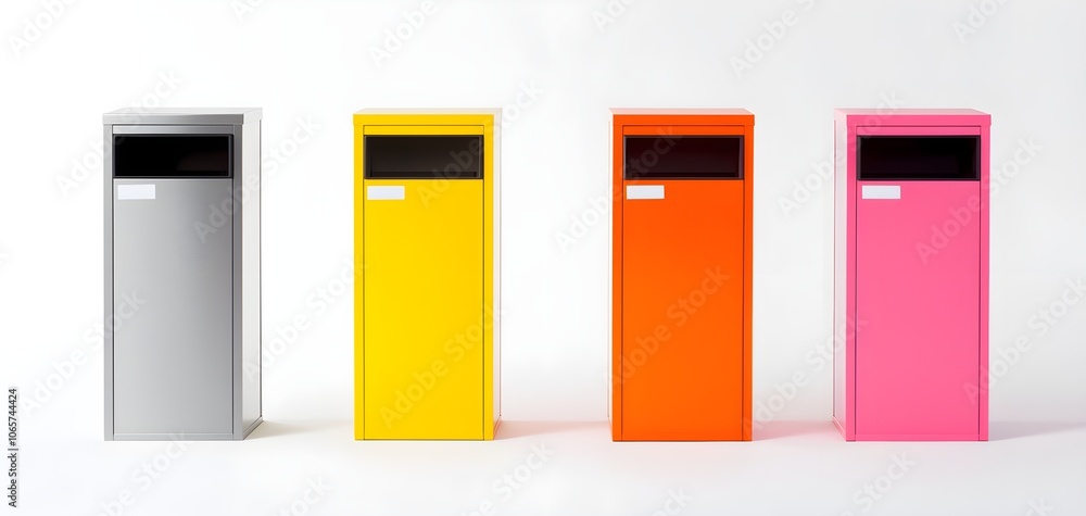 Isolated recycling bins in distinct colors with labels, representing efficient waste separation, sustainability practices, and community recycling Isolated recycling bins in distinct colors with labels, representing efficient waste separation, sustainability practices, and community recycling